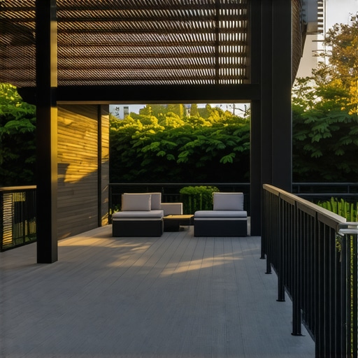 Stylish outdoor space featuring pergola, composite decking, and modern railing