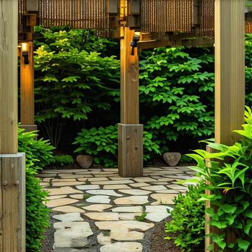 Elegant garden pergola with integrated lighting and surrounding greenery