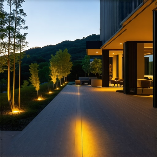 Modern outdoor deck featuring integrated lighting, natural elements, and smart technology