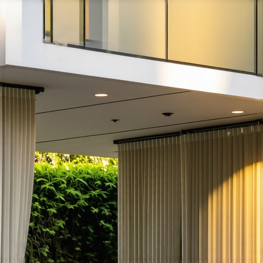 Modern pergola with lighting and shade system in a lush garden