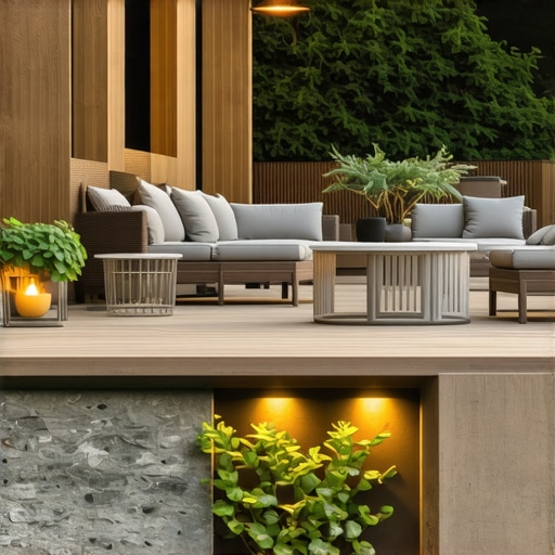 Outdoor deck with smart lighting, greenery, and water features