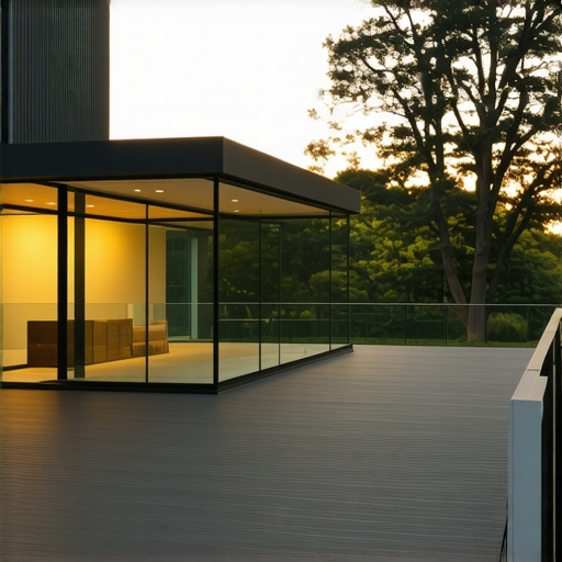 Contemporary deck with glass railing and lighting