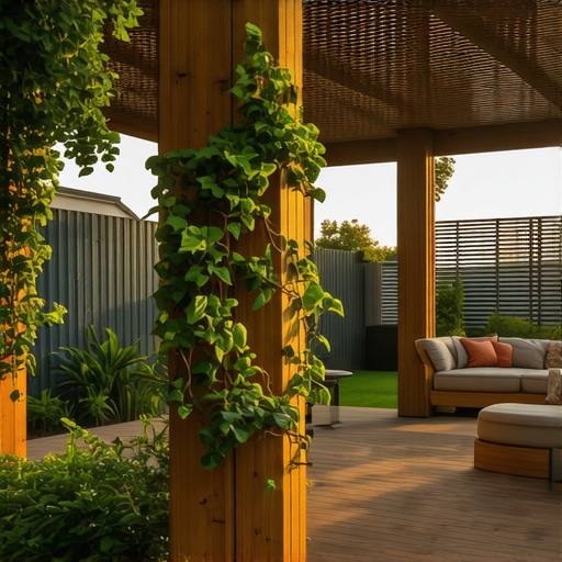 Elegant backyard with pergola, climbing plants, and composite decking