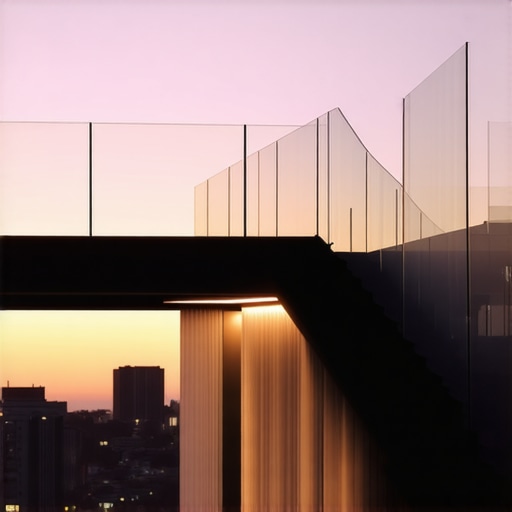 Stylish outdoor railing featuring glass panels and embedded lighting at sunset