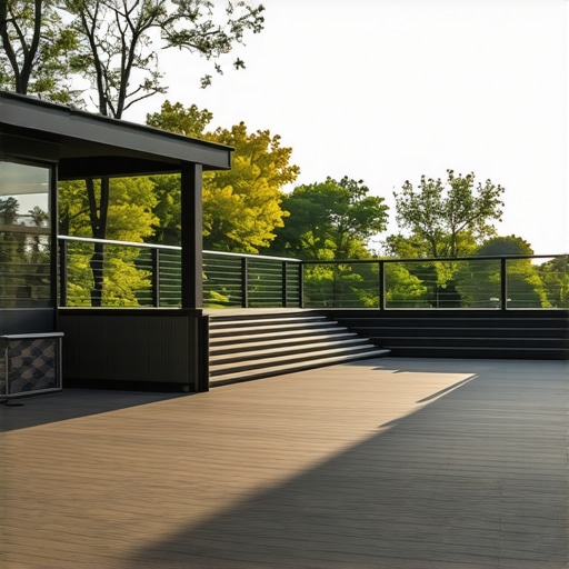 Modern composite deck with aluminum railing in backyard outdoor space