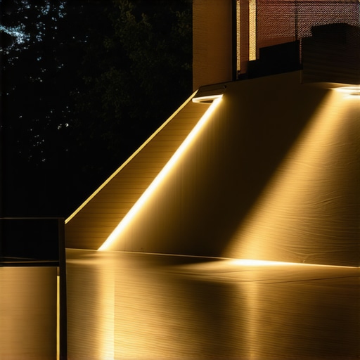 Modern deck railing with integrated LED lighting illuminating a cozy outdoor space