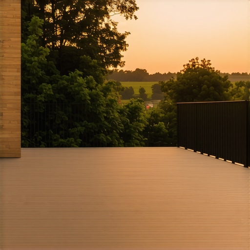 Modern outdoor deck showcasing composite railing system and pergola in a lush garden setting