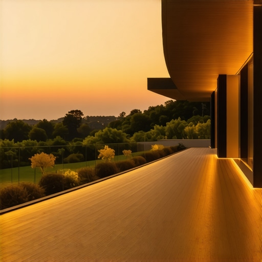 Elegant outdoor deck with integrated lighting and modern furnishings at sunset