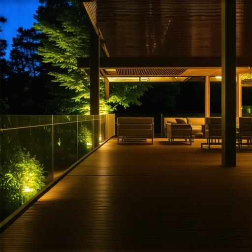 A contemporary outdoor deck featuring composite decking, integrated lighting in the railing, and a sleek pergola.