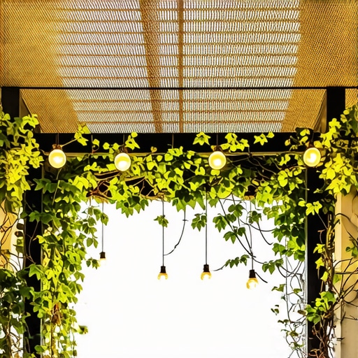A contemporary outdoor pergola decorated with string lights and climbing plants, creating a cozy retreat