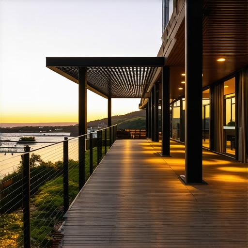 Stylish Outdoor Deck with Modern Railing and Pergola A contemporary outdoor deck featuring glass railing, pergola, and ambient lighting for safety and style.