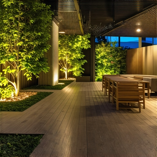A contemporary outdoor space featuring composite decking, a pergola, smart lighting, and greenery