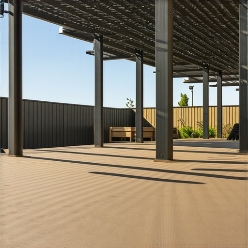 A modern outdoor deck with composite flooring and a robust pergola in a lush garden