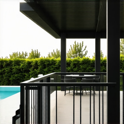 A modern outdoor space featuring a strong railing system and a decorative pergola surrounded by greenery.