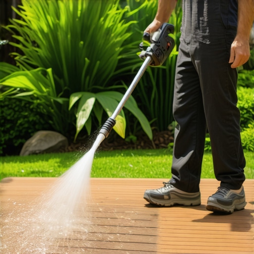 A cordless electric pressure washer cleaning a deck