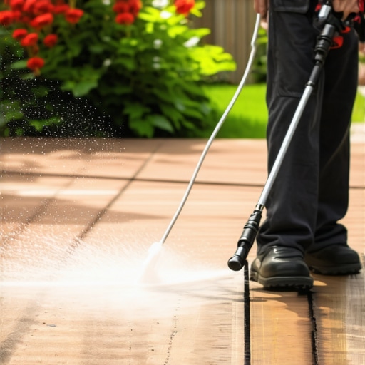 A person using a power washer on a wooden deck to remove dirt and algae.