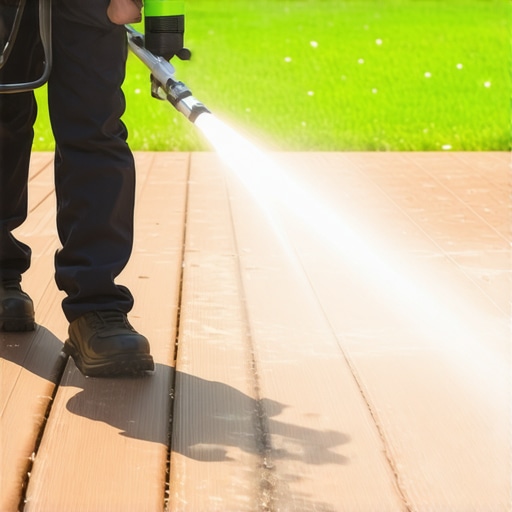 Power washer cleaning a composite deck in a sunny backyard