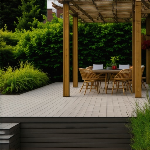 Modern outdoor deck featuring composite railing, pergola, and garden view