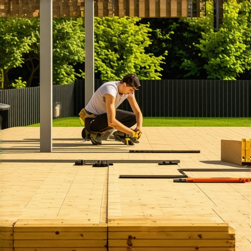 A person installing composite decking with a metal railing and wooden pergola in a backyard.