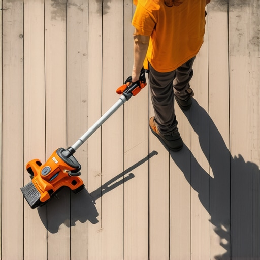 Man cleaning a composite deck with a leaf blower and brush
