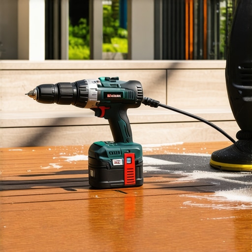 Cordless drill and power washer cleaning composite decking and railing