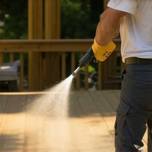 Person cleaning and inspecting outdoor deck with power washer and moisture meter