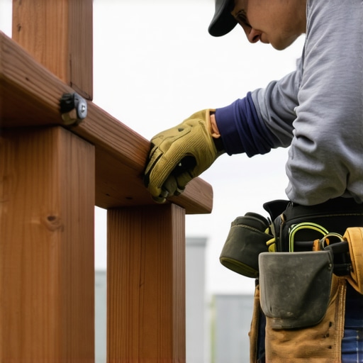Person checking deck railing bolts and joints for wear and safety