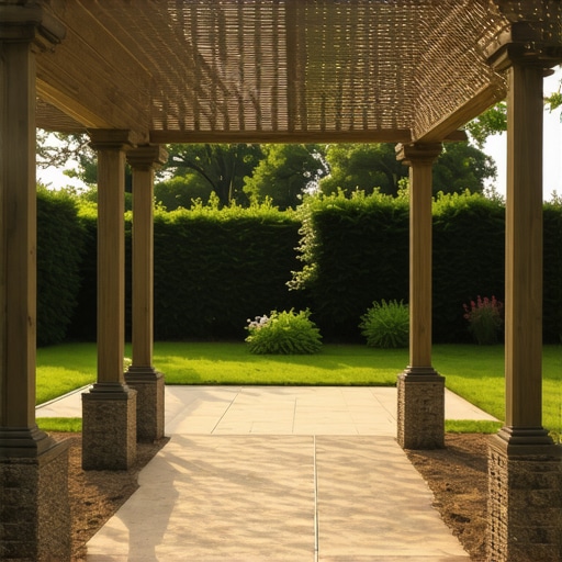 A backyard with a pergola positioned against natural windbreaks, secured with anchors, and aligned with wind direction