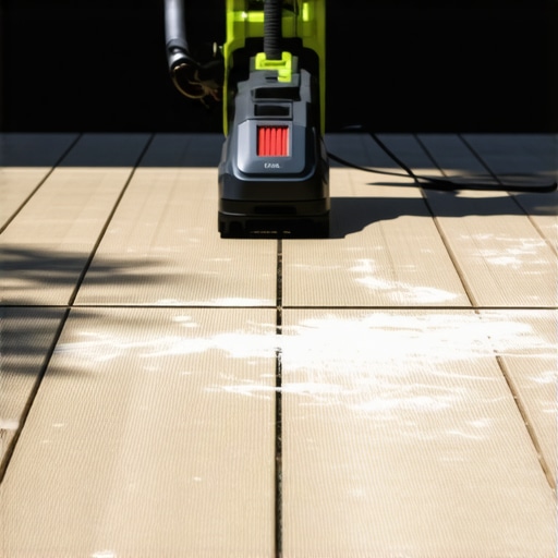 Power Washing Composite Deck A person using a cordless power washer on a modern composite deck to remove dirt and grime