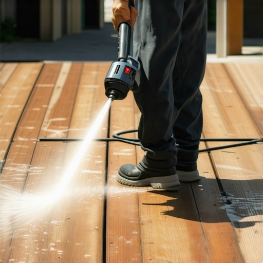 Person cleaning outdoor deck with power washer to maintain its appearance and longevity.