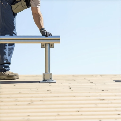Close-up of railing bracket being installed on a wooden deck by a professional contractor.