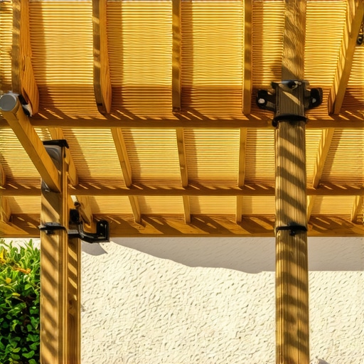 A pergola stabilized with heavy-duty anchors and reinforced joints, set in a vibrant garden.