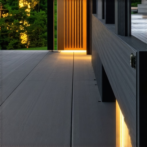 Close-up of a contemporary outdoor deck featuring composite materials, glass railing, and ambient lighting
