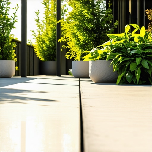 A stylish outdoor deck featuring a pergola with climbing plants and reflective light-colored decking for heat reduction