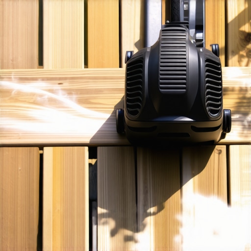 Person using a variable PSI pressure washer on a composite deck, demonstrating proper cleaning technique