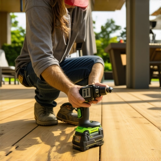 Person inspecting a composite deck with a moisture meter and tightening railings with a cordless drill.