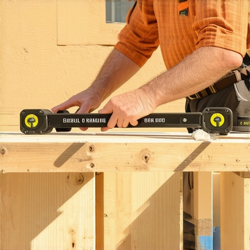 A DIY homeowner inspecting deck joists with a level to identify structural issues