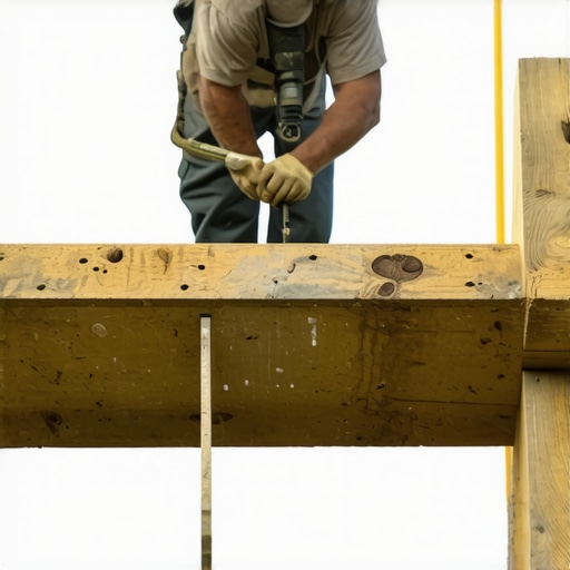 Close-up of deck joist with support beam being fixed in place for added stability.