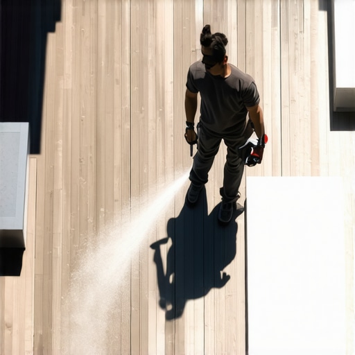 Homeowner cleaning and inspecting a composite deck with power washer and inspection mirror