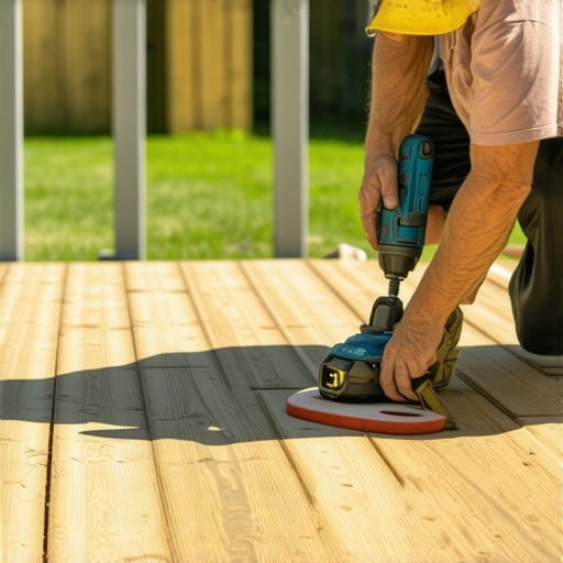 Homeowner inspecting and repairing a wooden deck with power tools
