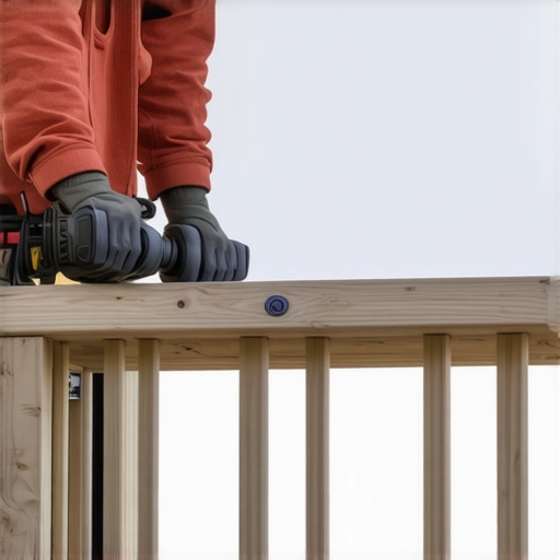 Homeowner inspecting deck railing with digital level and impact driver