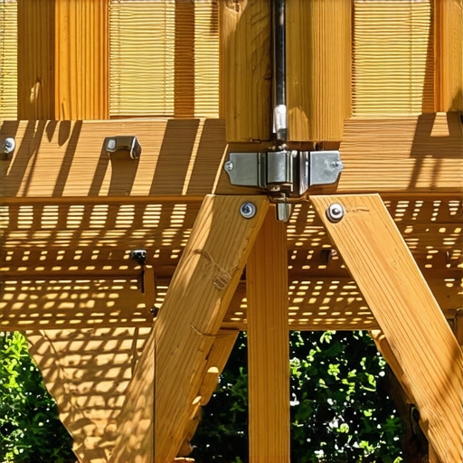 Close-up of a sturdy pergola frame showing reinforced joints, galvanized hardware, and diagonal cross braces