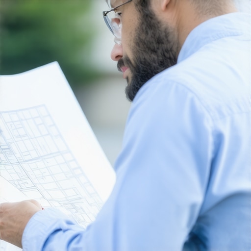 Architect and clients discussing blueprints for a new deck project.