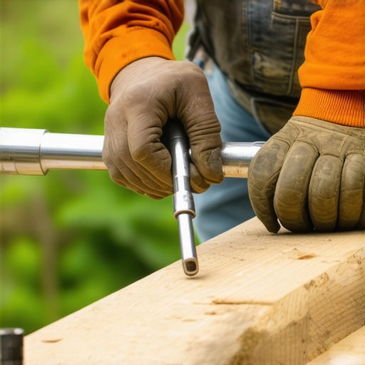 Person using a torque wrench to tighten deck railing bolts outdoors, ensuring safety and stability.