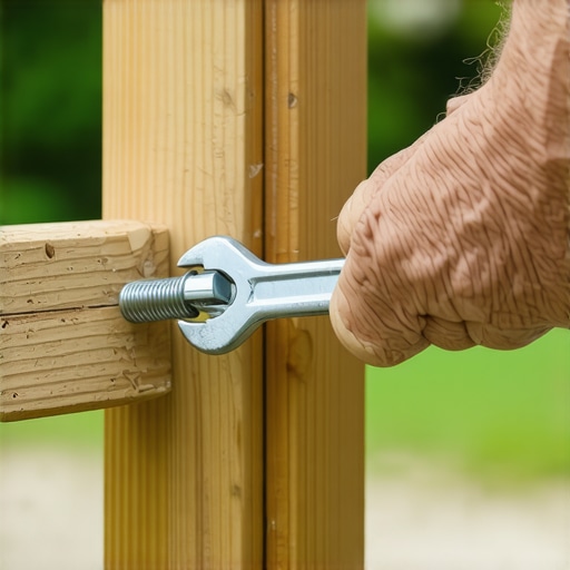 A person tightening a bolt on a deck railing to ensure stability.