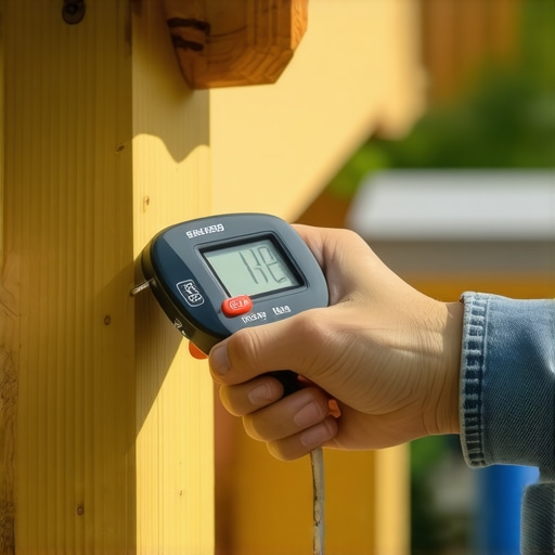 Person testing wood with a moisture meter outdoors