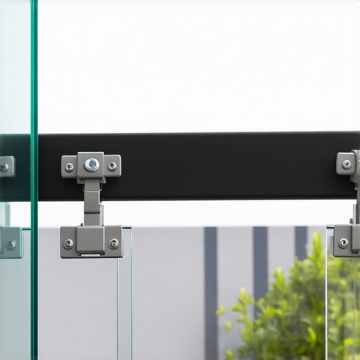 Close-up of secure glass railing clamps with stainless steel fasteners
