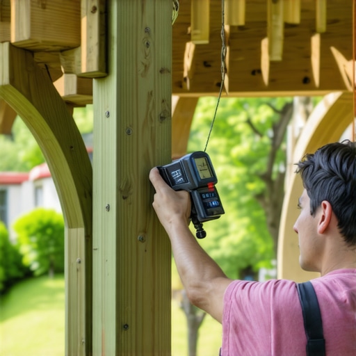 Technician measuring a pergola with laser device