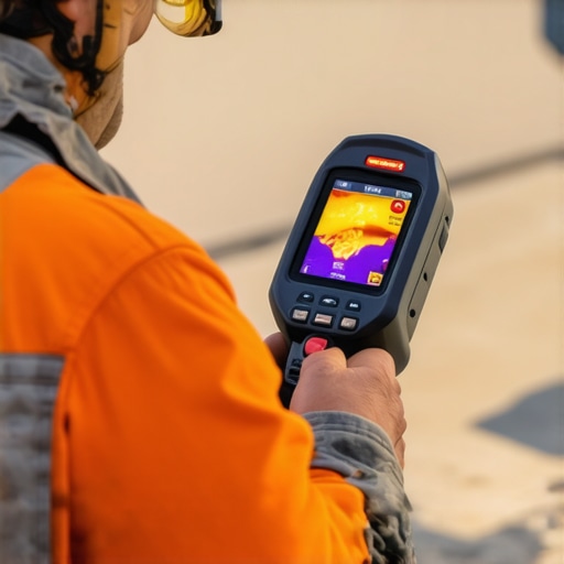 Person holding a thermal camera inspecting a composite deck for heat spots and structural integrity.