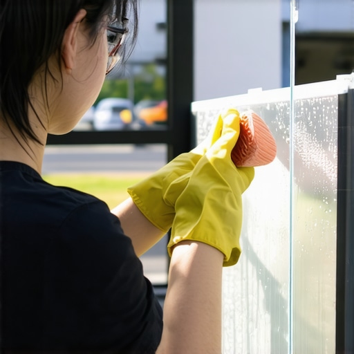 Person applying a clear protective coating on a modern glass deck railing outdoors